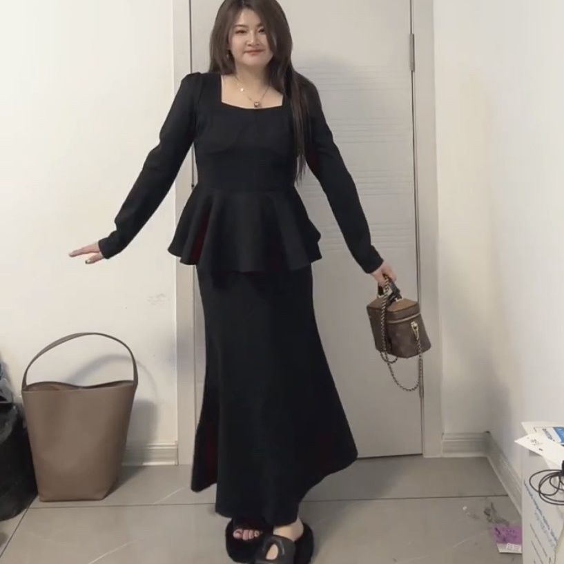 2023秋季新款大碼女裝胖MM輕奢女神范遮肉上衣+氣質魚尾裙兩件套