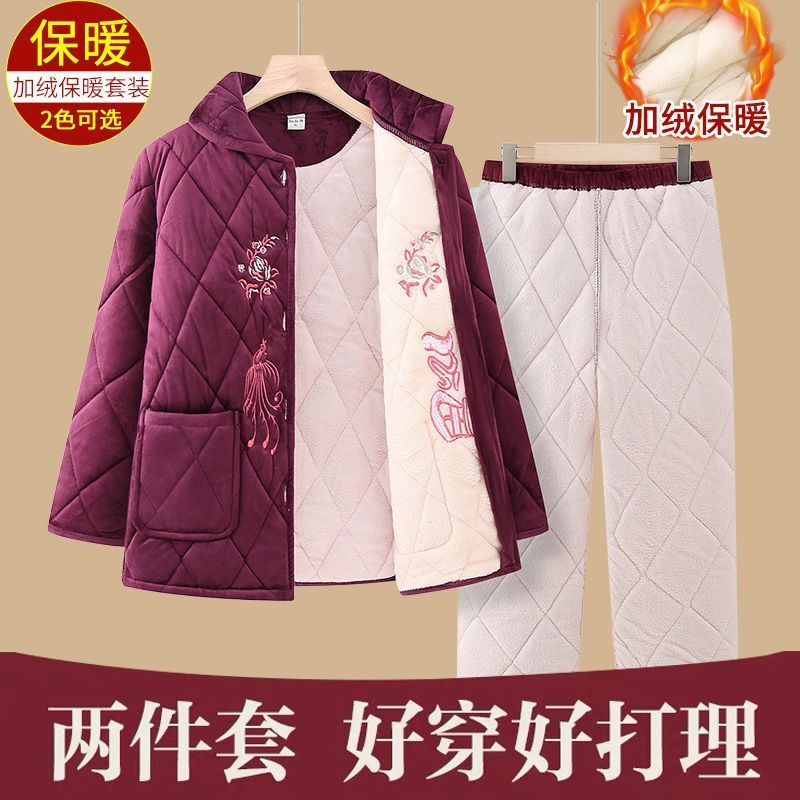 中老年人冬裝女睡衣媽媽外套60歲奶奶冬季棉衣居家服加絨保暖套裝