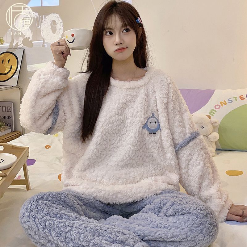 2023年冬季新款珊瑚絨睡衣女加厚款加絨法蘭絨家居服網紅保暖套裝
