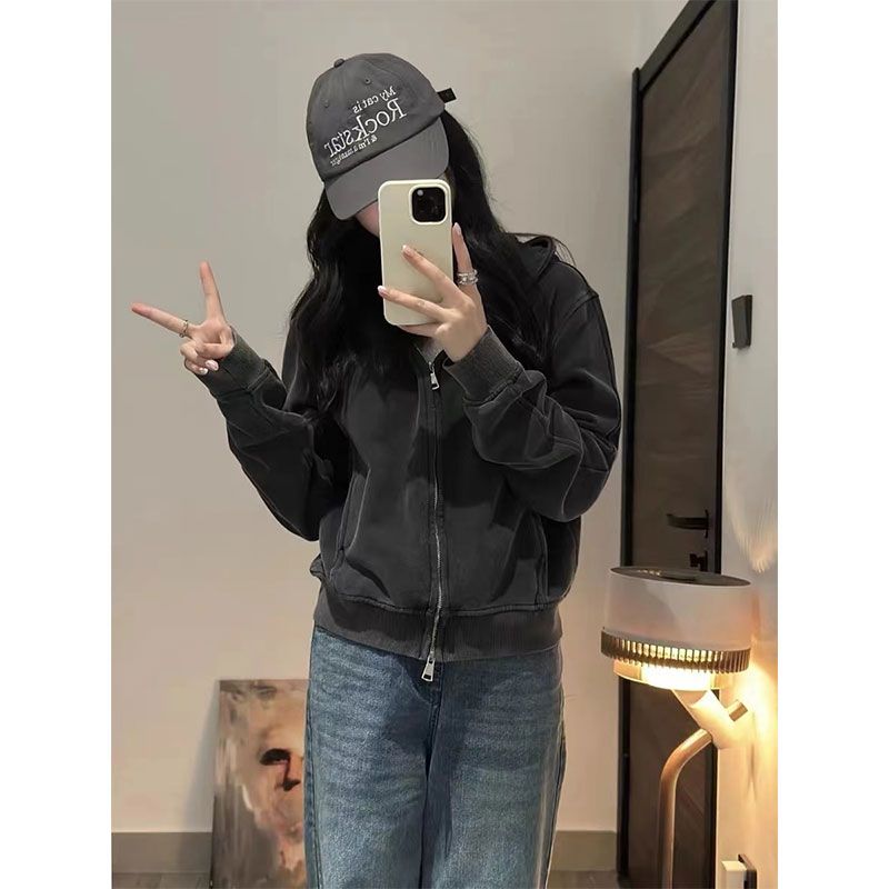 美式復古水洗做舊開衫衛衣外套女春秋設計感小眾雙拉鏈連帽上衣潮