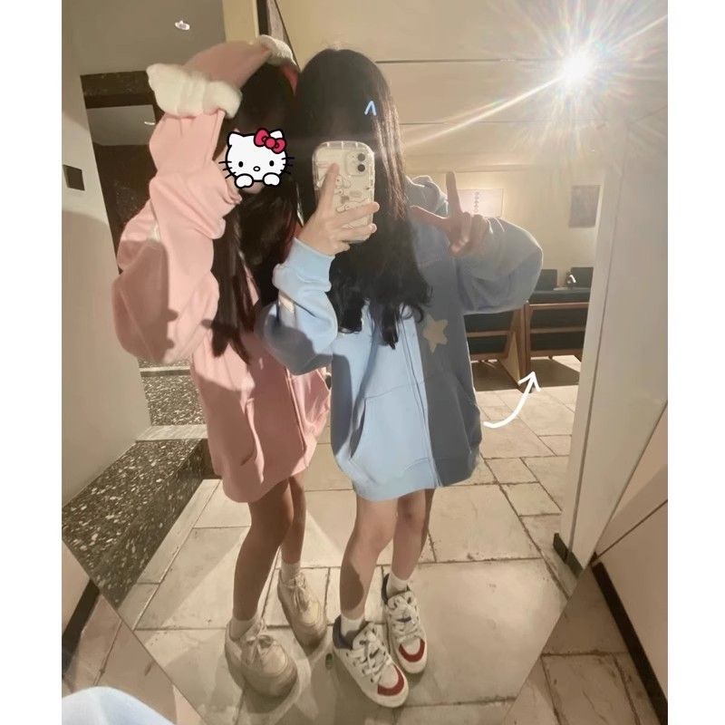 Sweet, cool and cute star wings oversize cardigan plus velvet sweatshirt for women loose lazy couple wear hooded jacket