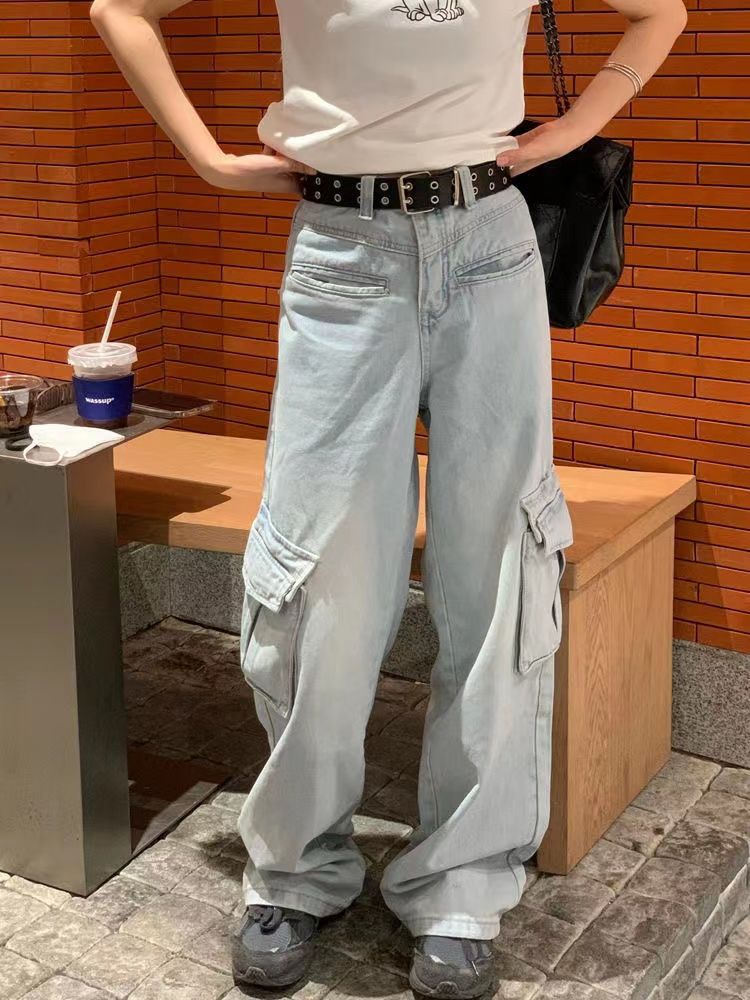 美式復古高腰工裝牛仔褲女秋季高街小眾設計感寬鬆直筒闊腿拖地褲
