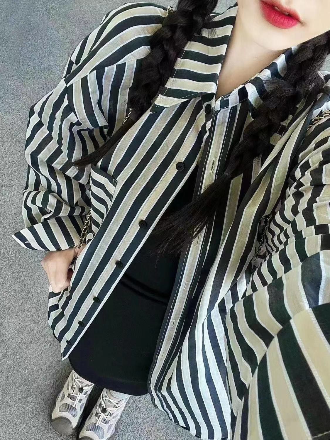 秋季女裝復古黑色條紋襯衫女長袖內搭外穿寬鬆古着襯衣上衣女洋氣
