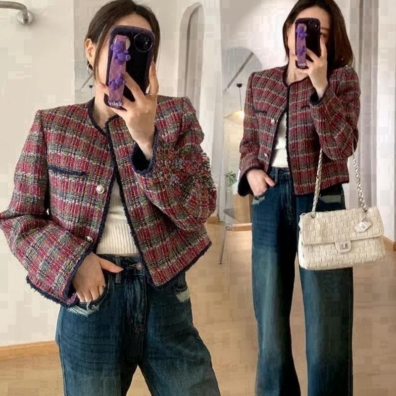 藍海奕諾格紋粗花呢短款外套女秋2023秋新款氣質小個子小香風上衣