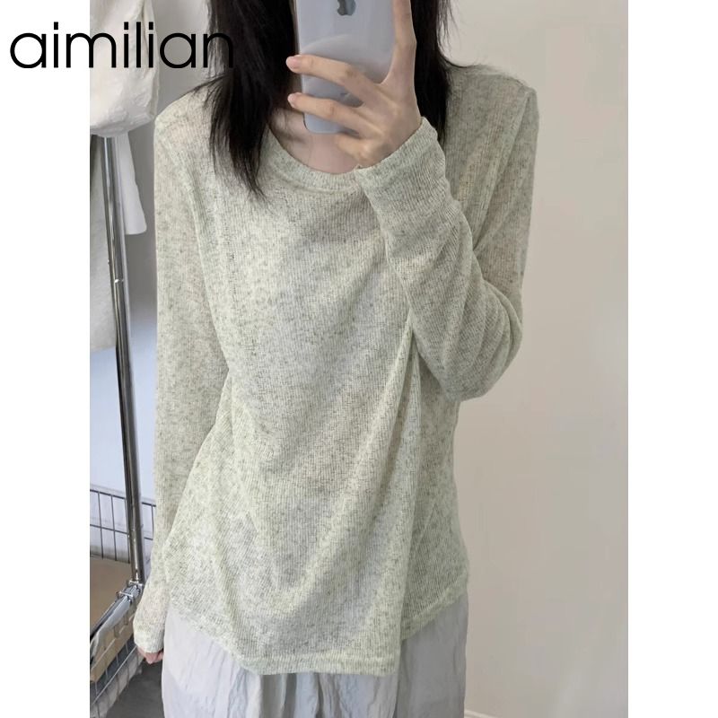 aimilian辣妹微透防晒罩衫长袖t恤女春秋薄款修身显瘦慵懒风上衣