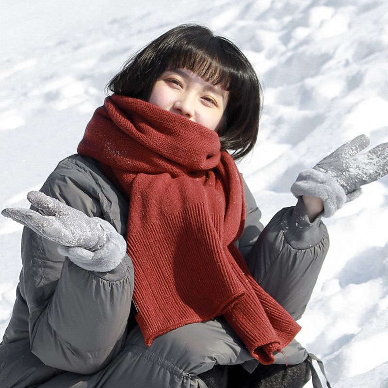復古柔軟雙面圍巾女秋冬保暖仿羊絨圍脖純色針織加厚學生兩用披肩