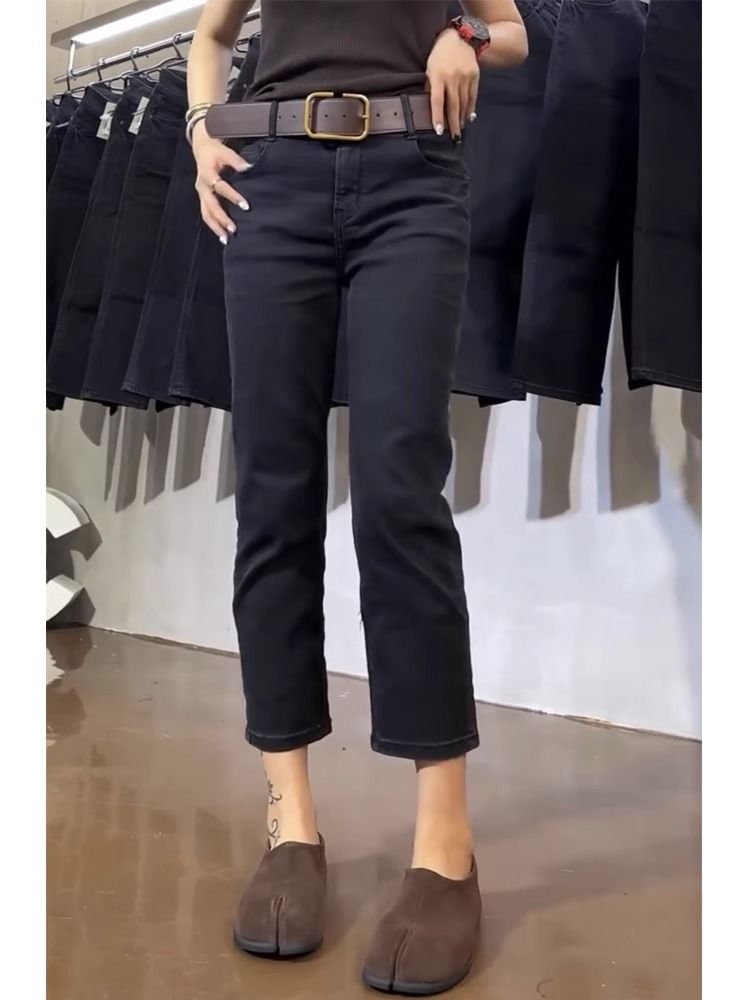 黑色高腰彈力直筒牛仔褲女2023秋季新款大碼修身顯瘦九分煙管褲子