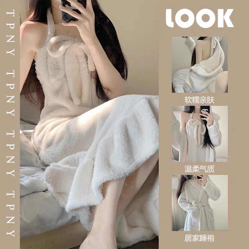 可愛連帽睡袍女冬款加厚珊瑚絨ins性感少女風吊帶睡裙居家服套裝