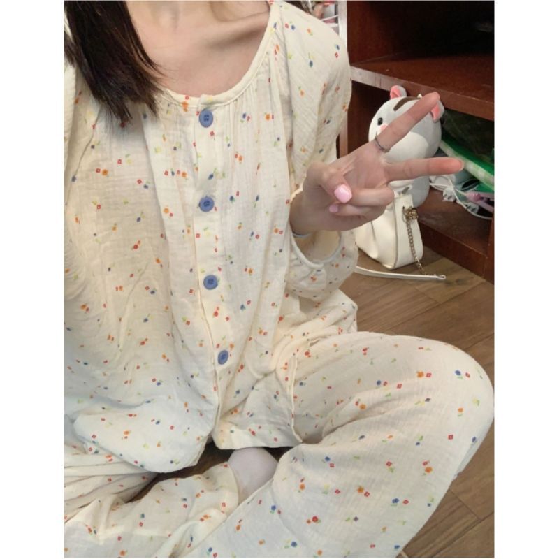 ins風甜美碎花睡衣女春秋季新款小清新長袖長褲高顏值家居服套裝