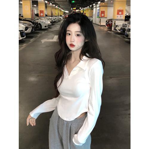 polo領純欲風短款長袖T恤女裝秋季辣妹設計感修身純色打底衫上衣