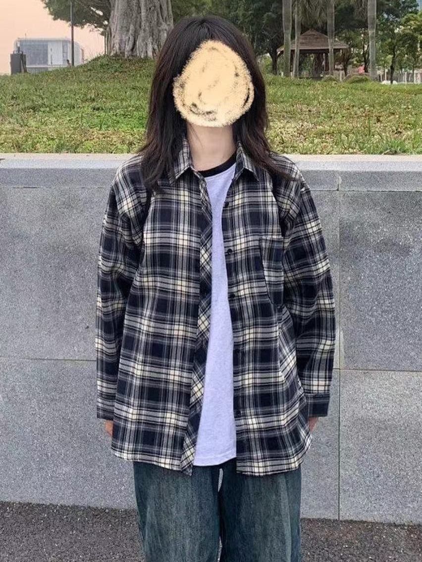秋季女裝美式復古格子襯衫女長袖外穿早秋外套寬鬆襯衣上衣女洋氣
