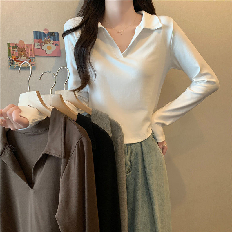 大碼微胖mm初秋新款修身顯瘦polo領t恤女韓版時尚小清新白...