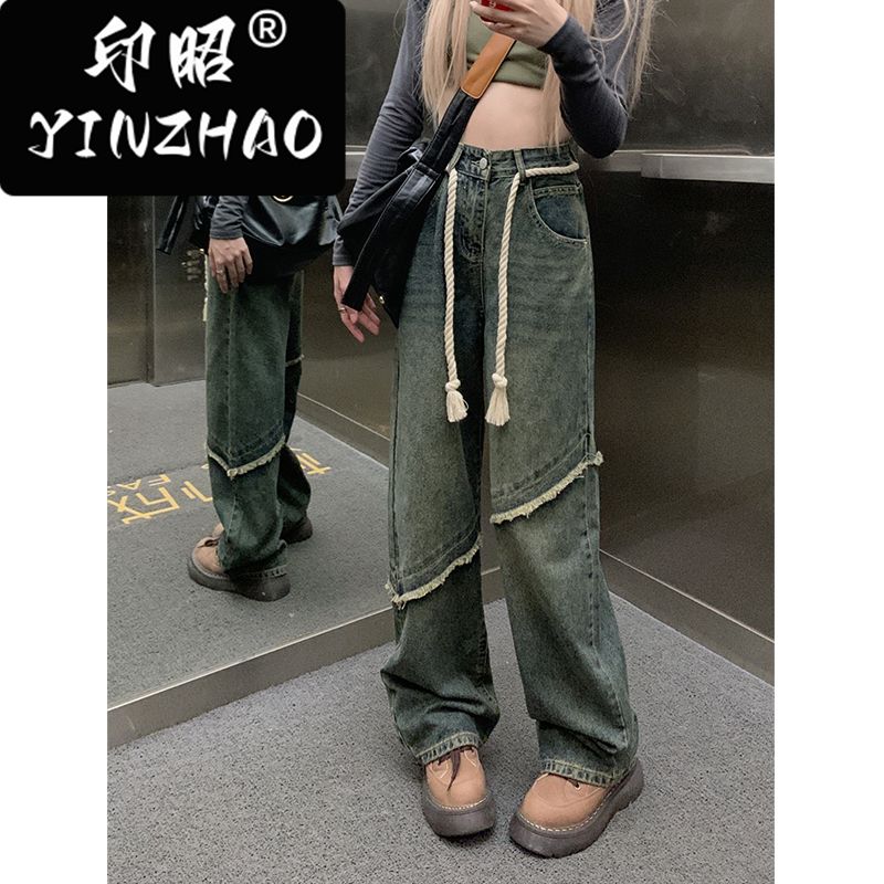【印昭YINZHAO】毛邊做舊復古牛仔褲女秋季寬鬆高腰直筒闊腿褲