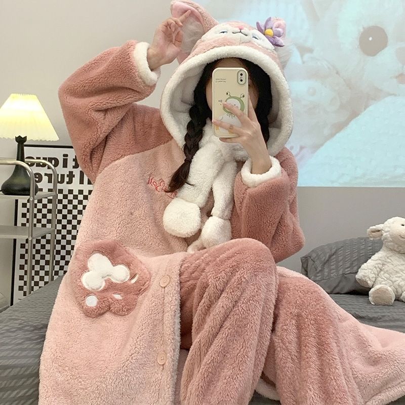 睡衣秋冬卡通可愛睡袍加絨珊瑚學生浴袍家居服套裝加厚冬季可外穿