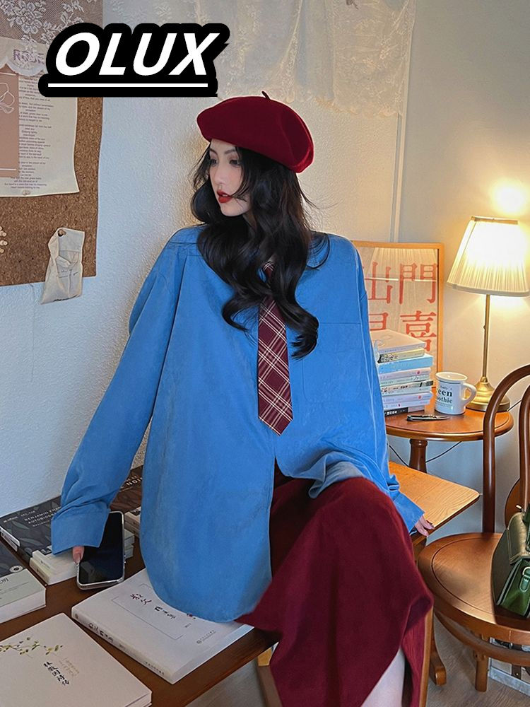 OLUX新款純色復古拉鏈襯衫女秋季日系設計感小眾開衫襯衣潮流上衣