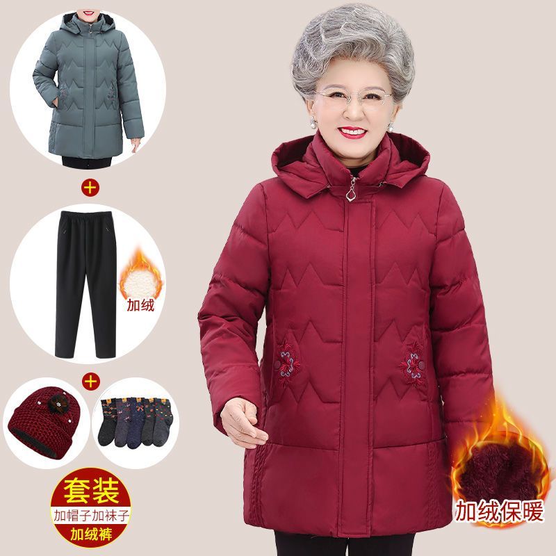 中老年人冬裝棉衣女媽媽加絨加厚大碼棉服外套奶奶中長款連帽棉襖