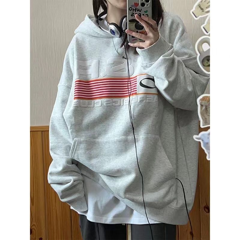 美式復古hiphop字母印花連帽衛衣女秋冬oversize寬鬆學生加絨上衣