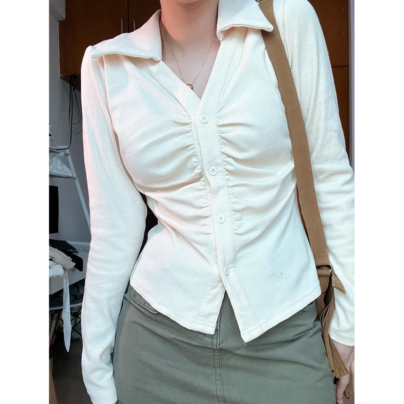大碼女裝polo領褶皺正肩襯衫女胖MM設計感小眾收腰顯瘦長袖上衣女