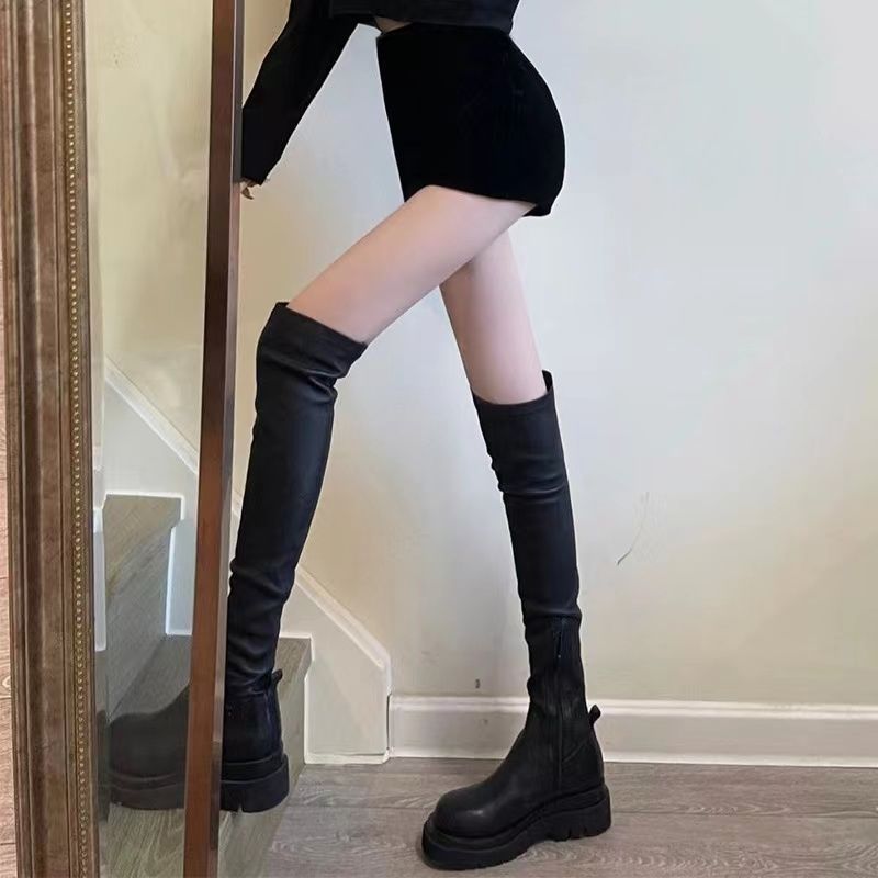 Over-the-knee boots for women in autumn and winter square toe zipper British elastic boots tall slimming sugar cube thick-soled knight boots for women