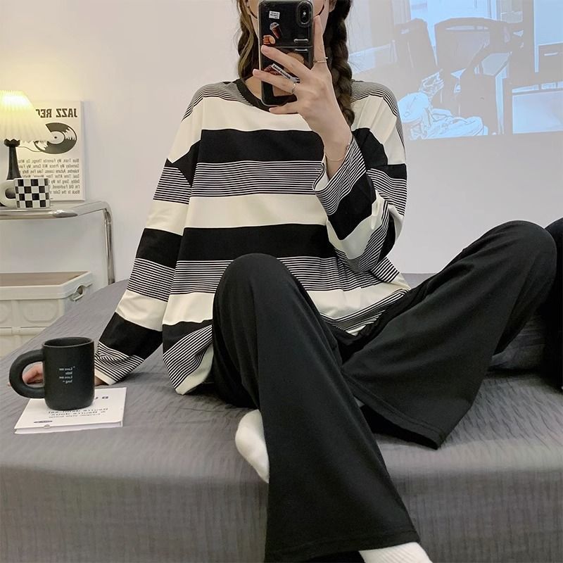 長袖睡衣女春秋季新款甜美圓領長褲薄款大碼條紋家居服套裝可外穿