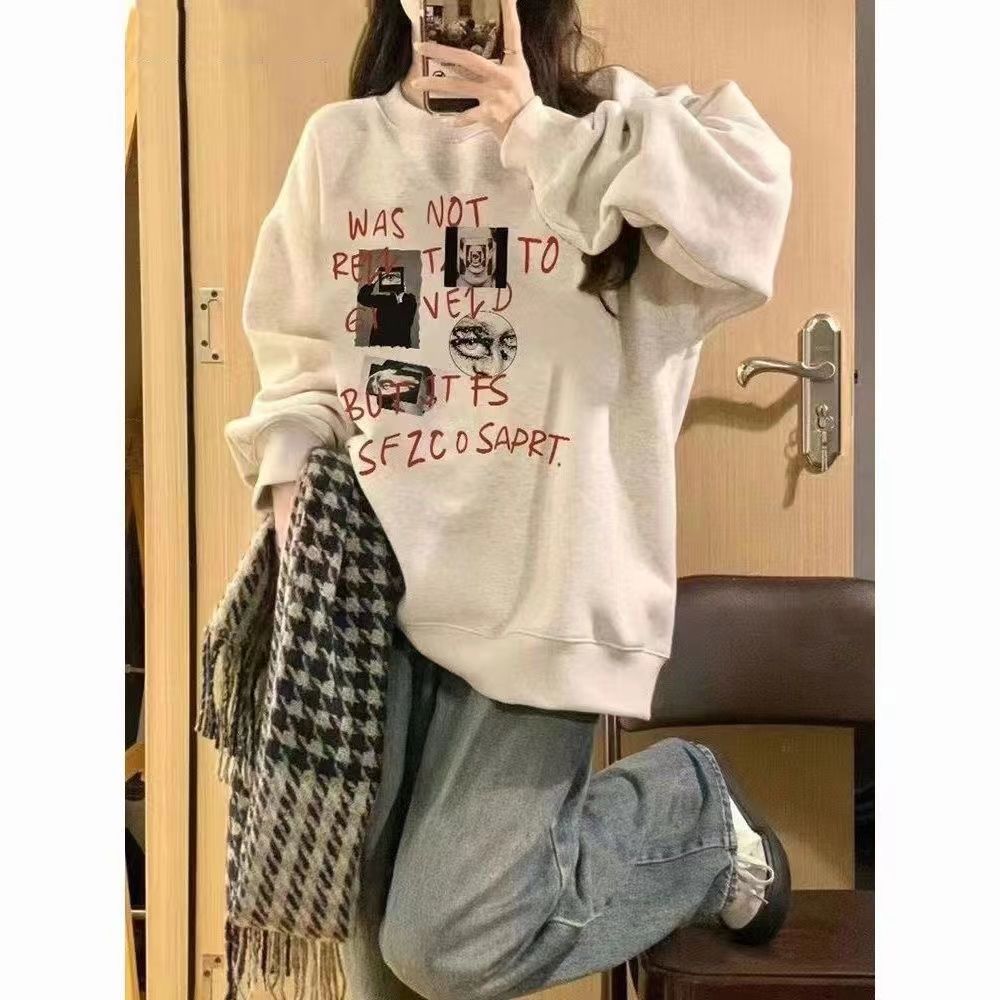 美式圓領衛衣女春秋冬加絨加厚小個子寬鬆oversize學生長袖上衣女