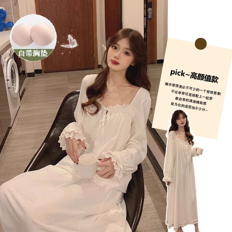 帶胸墊睡裙女春秋公主風超仙連衣裙簡約學生宿舍防凸家居服可外穿
