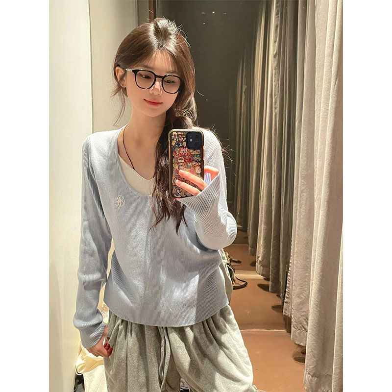 藍色假兩件v領針織衫長袖t恤女春秋新款小個子內搭打底衫套頭上衣