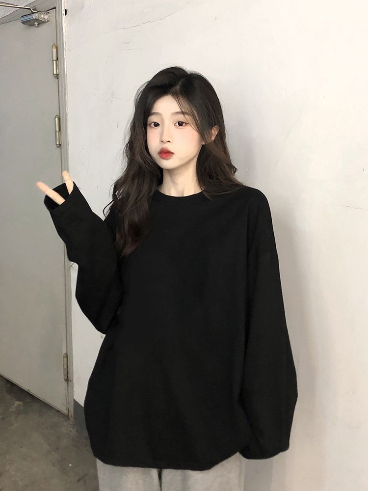 簡約純色寬鬆長袖疊穿100%純棉t恤女百搭常規款上衣打底衫春秋款