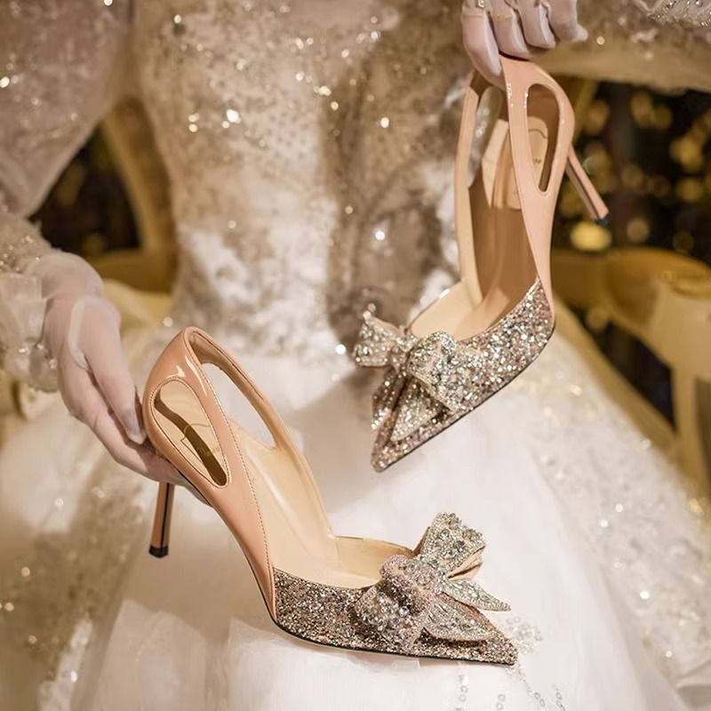 時尚單鞋女2023年秋季百搭新款水鑽蝴蝶結法式高跟鞋女細跟結婚鞋