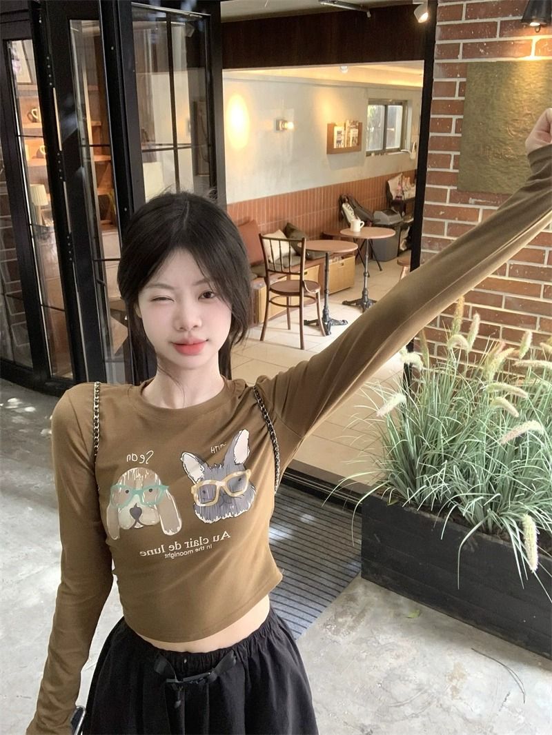 Korean new style cute cartoon printed long-sleeved T-shirt for women 2023 autumn slim fit bottoming shirt versatile top