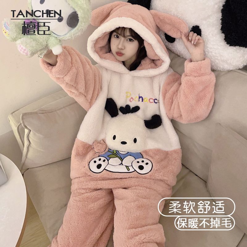 睡衣女士秋冬季珊瑚絨加厚連帽新款卡通可愛學生法蘭絨套裝家居服