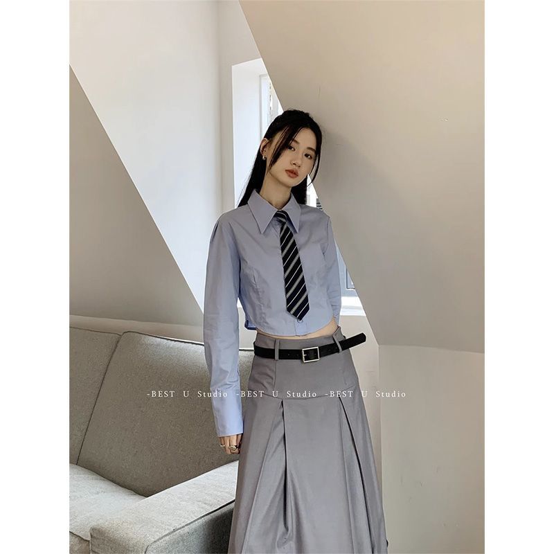 學院風藍色領帶襯衫女春秋季短款長袖內搭上衣顯瘦高級感別致襯衣