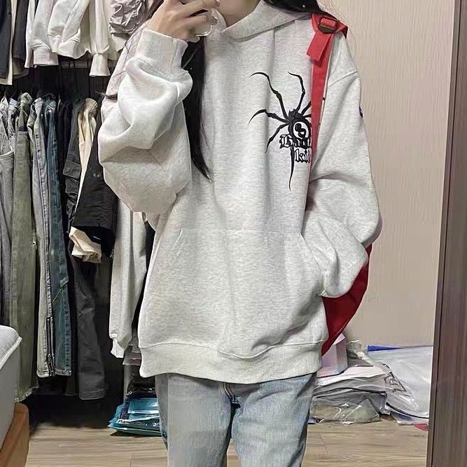 100%紡棉美式高街淺灰色連帽衛衣oversize小眾慵懶ins風上衣潮女