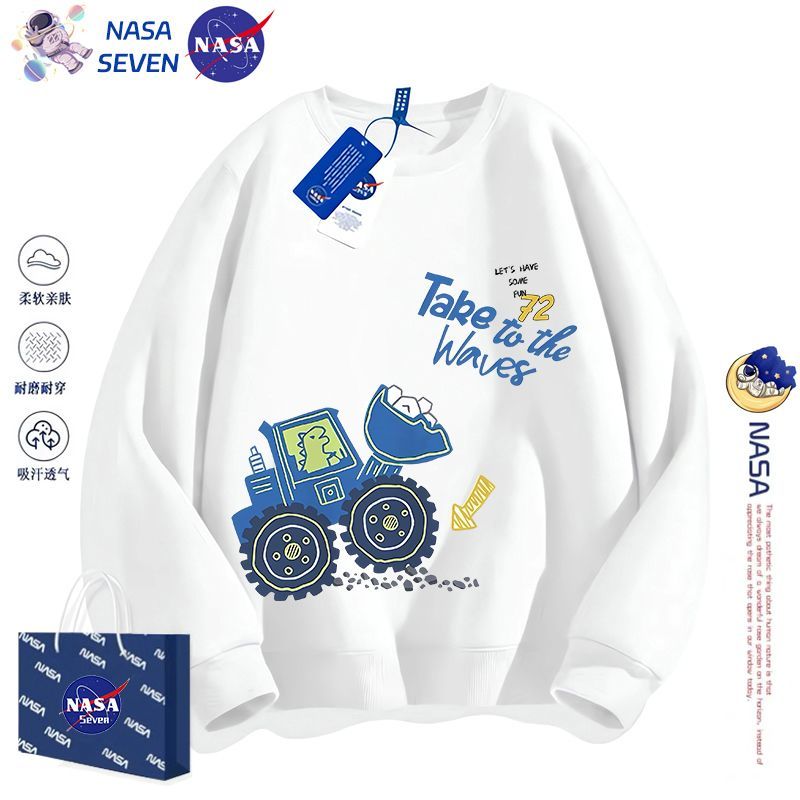 NASA co-branded cartoon excavator pure cotton long-sleeved sweatshirt for boys and girls in autumn and winter, cute bear top, fashionable