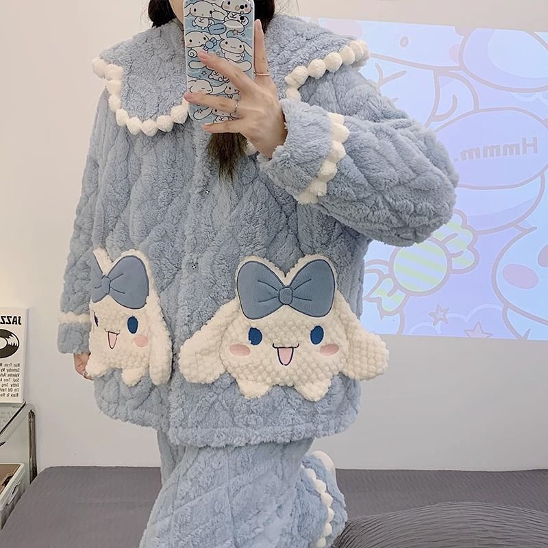 秋冬季睡衣女三層夾棉襖加絨加厚可愛卡通珊瑚絨冬款家居服套裝