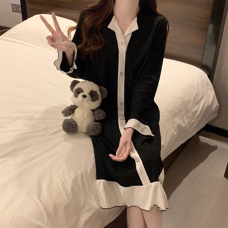 睡裙女春秋冬季純棉寬鬆休閒網紅風孕婦睡衣女士夏天家居服連衣裙