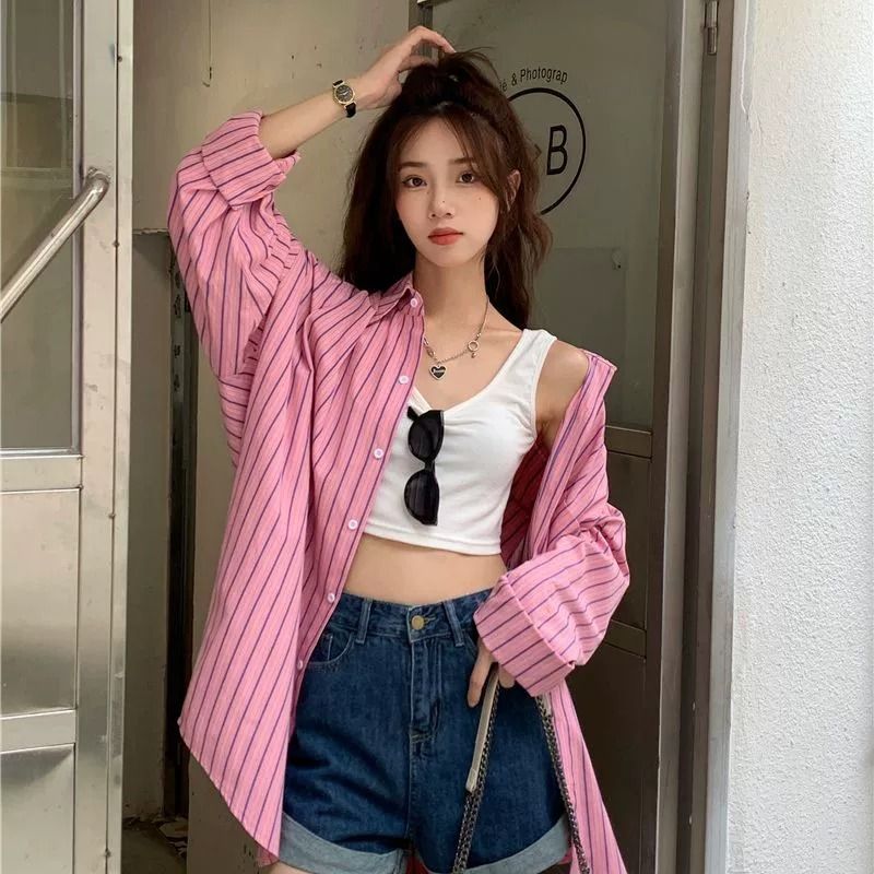 港風秋季女裝法式條紋襯衫女長袖外穿寬鬆胖mm大碼襯衣上衣女洋氣