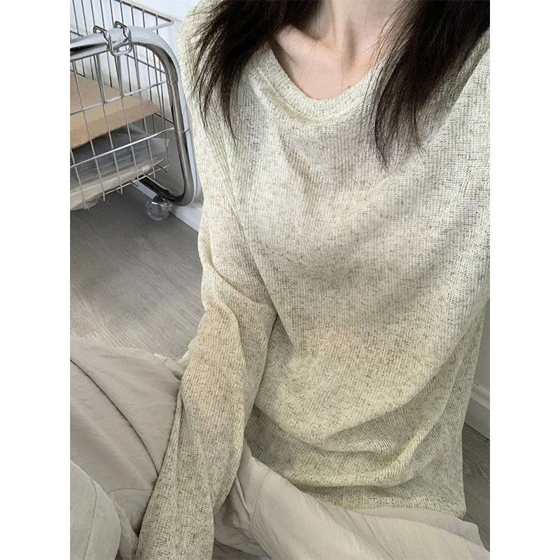 慵懶風薄款軟糯微透防曬罩衫長袖t恤女春秋外穿寬鬆百搭套頭上衣