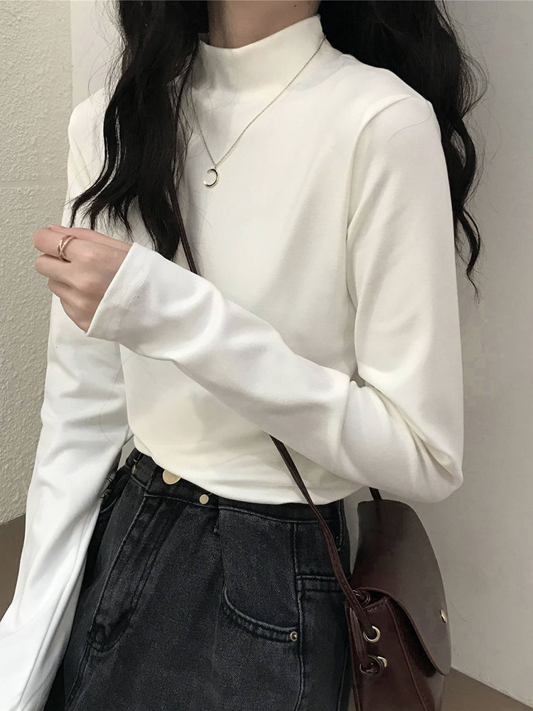 半高領打底衫女秋季2023新款內搭顯瘦白色長袖T恤小眾別致上衣服