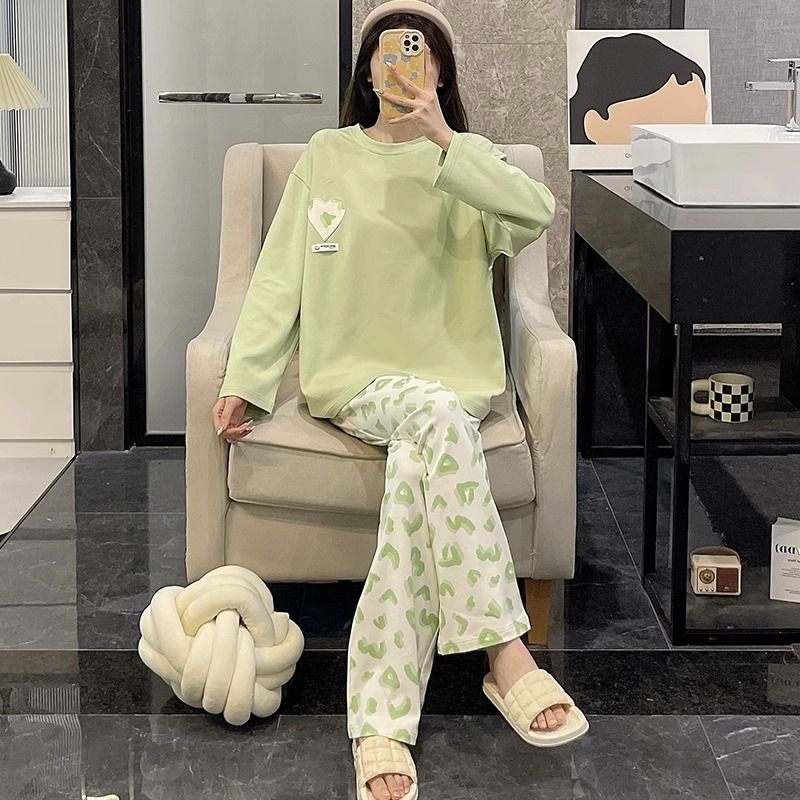 睡衣女秋冬季純棉長袖大碼時尚套裝雙面全棉網紅風淺綠春夏家居服