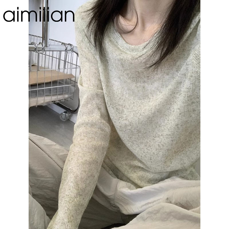 aimilian辣妹微透防晒罩衫长袖t恤女春秋薄款修身显瘦慵懒风上衣