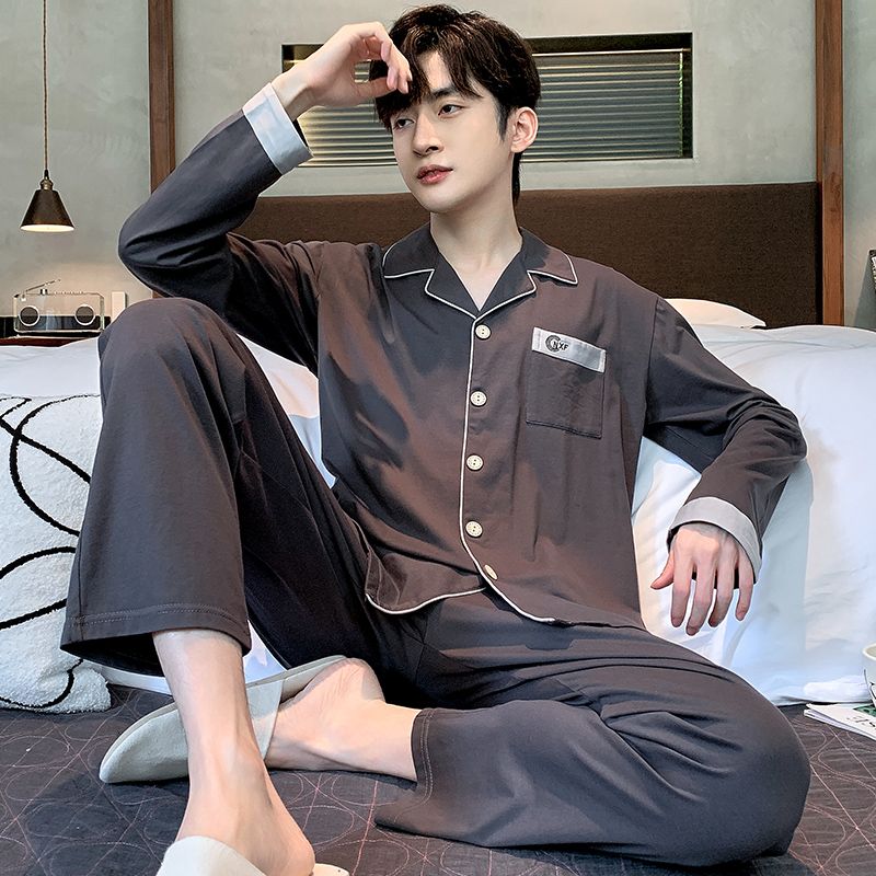 莫代爾100%純棉睡衣男士春秋季長袖套裝寬鬆全棉家居服秋冬款休閒