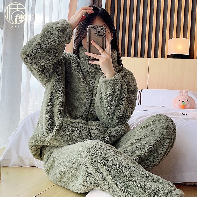 珊瑚絨睡衣女秋冬季加厚加絨2023年新款拉鏈可外穿保暖家居服套裝