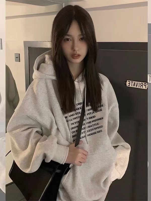 美式高街國潮牌hiphop連帽衛衣女春秋寬鬆慵懶學院風加絨上衣外套