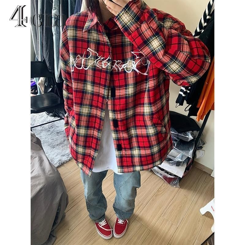 秋季美式格子襯衫女長袖外穿胖mm大碼女裝外套寬鬆襯衣上衣女洋氣