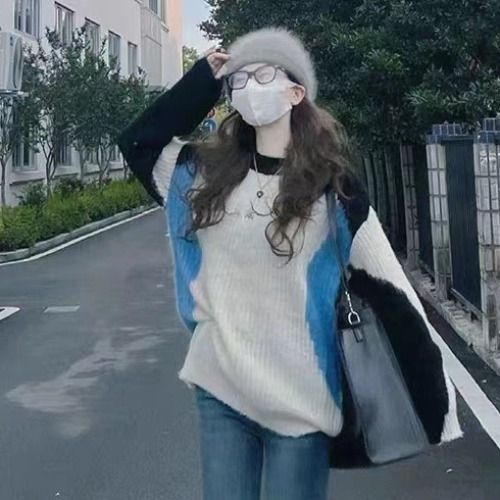 2023新款復古小眾休閒圓領套頭毛衣女秋冬慵懶風撞色拼接百搭上衣