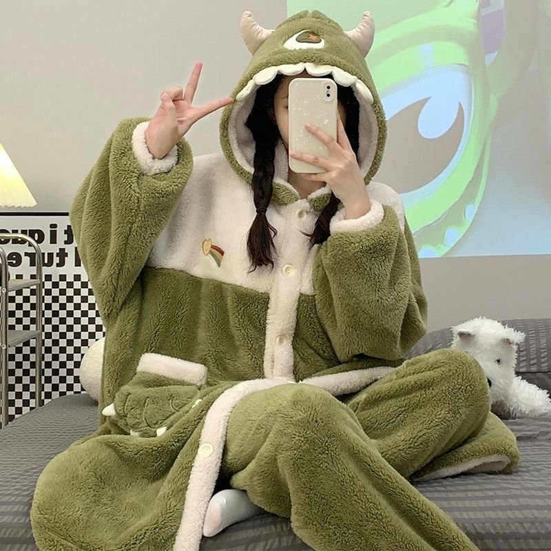 睡衣冬季新款秋冬季加厚加絨珊瑚可愛保暖法蘭絨睡袍家居服套裝