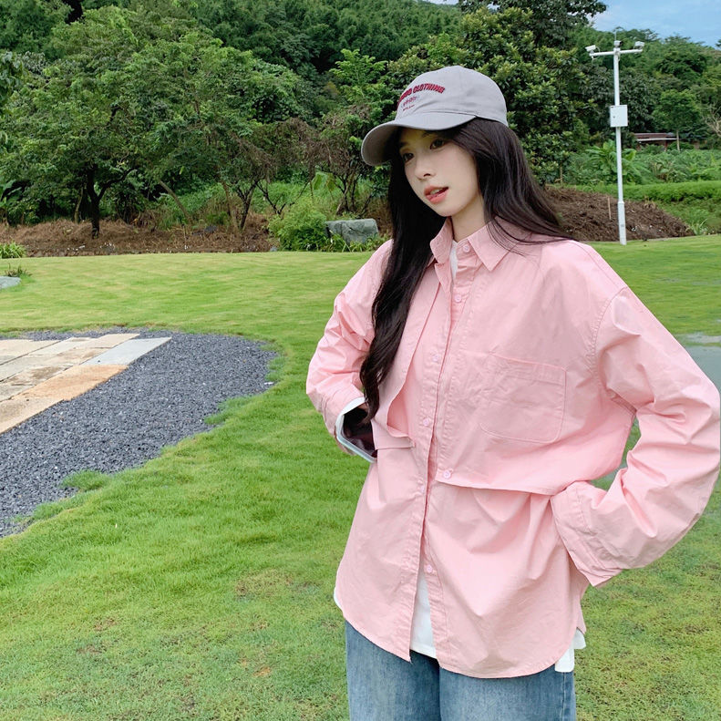 粉色假兩件Polo領寬鬆襯衫女秋季2023新款設計感小眾別致長袖上衣