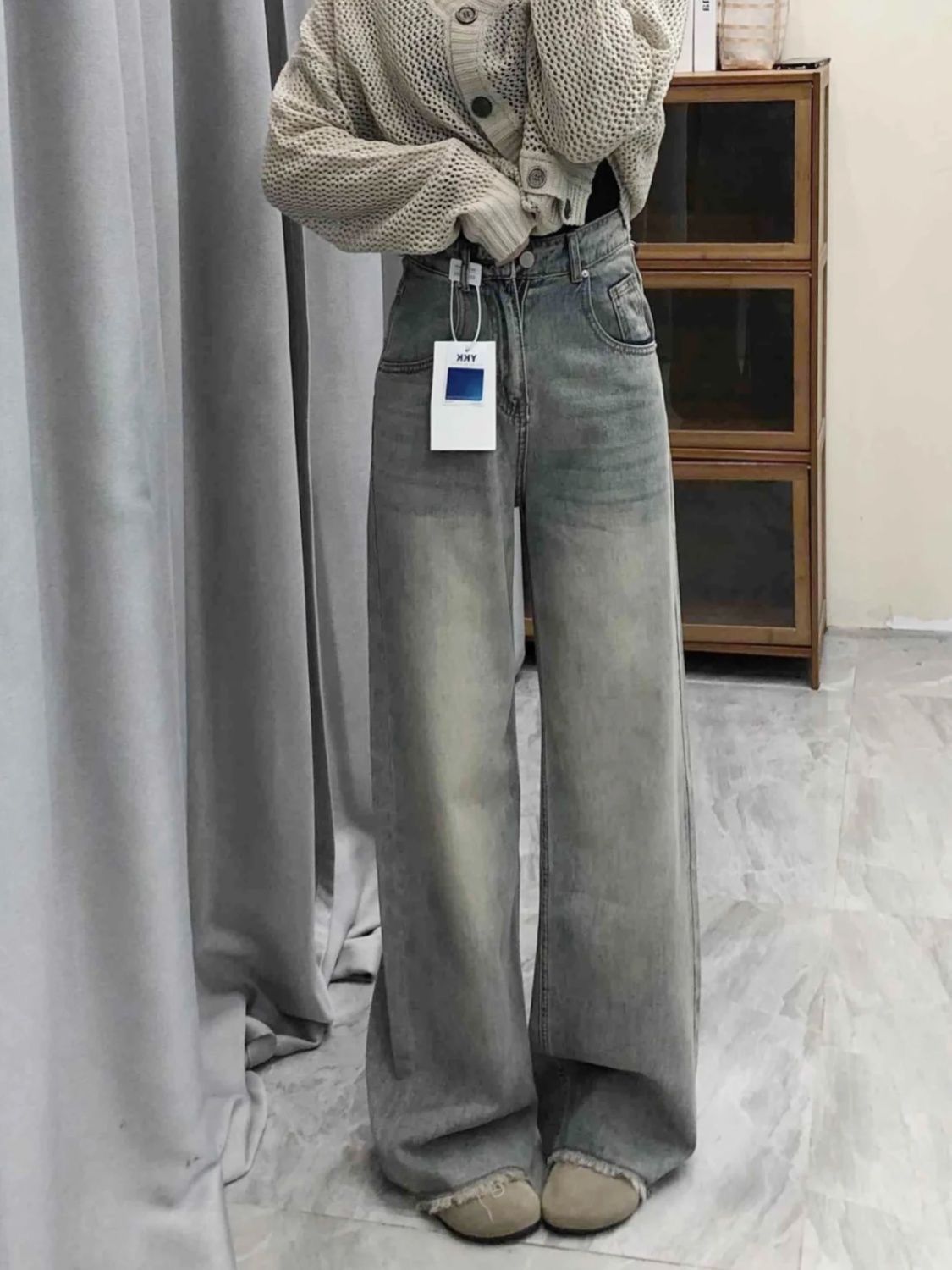 復古做舊垂感直筒牛仔褲女秋季新款高街寬鬆顯瘦闊腿拖地長褲子潮