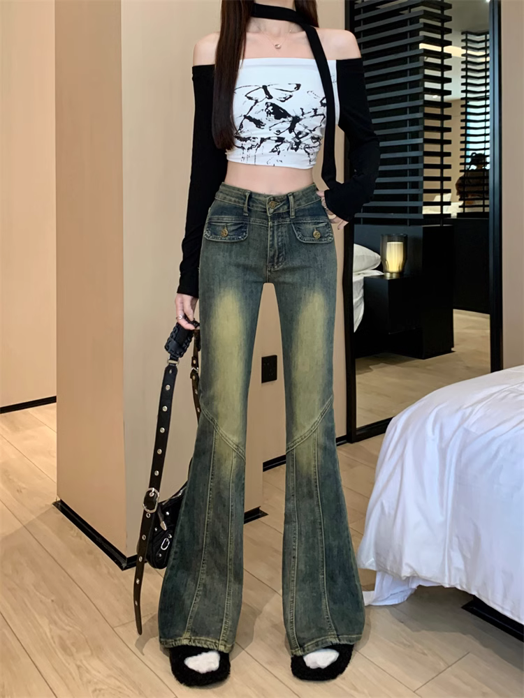 小個子復古拼接設計微喇牛仔褲女歐美辣妹休閒褲顯瘦修身馬蹄長褲